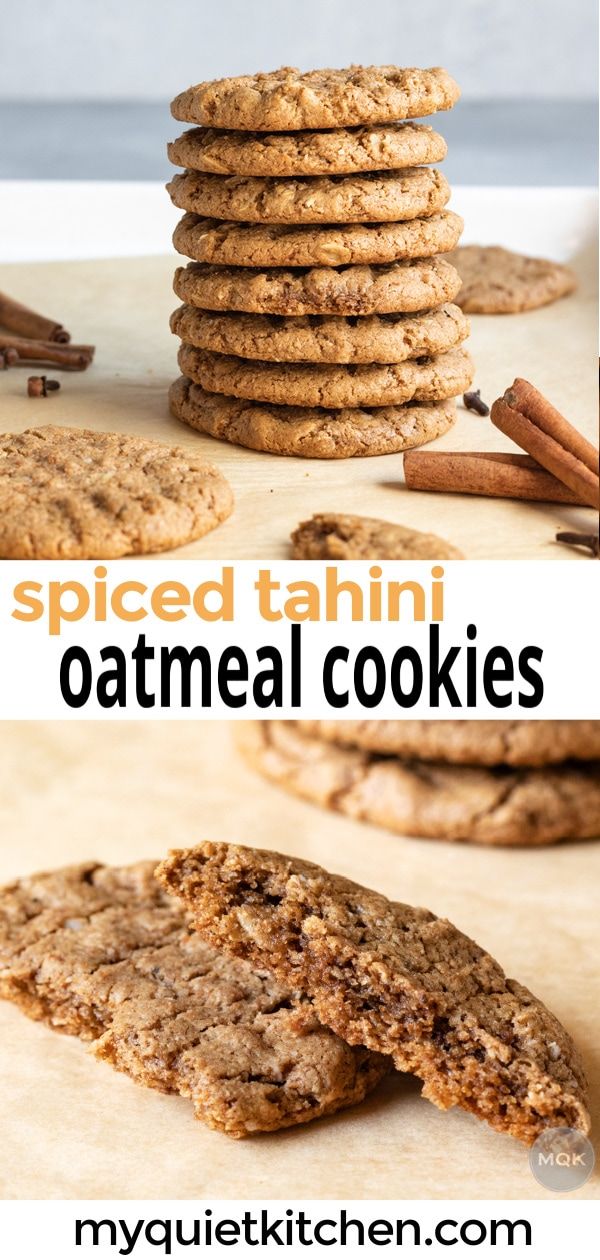 cookies stacked on top of each other with cinnamon sticks in the background and text overlay that reads spiced tahitii oatmeal cookies