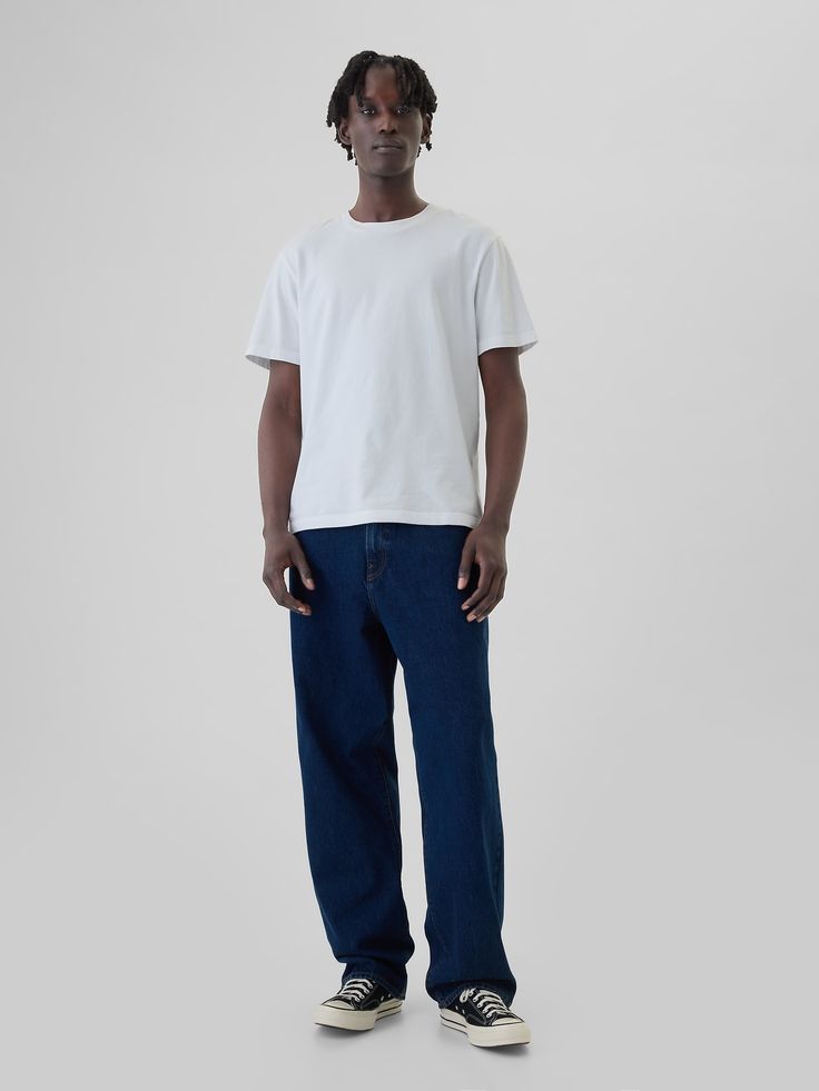 Fit: Extra roomy through the hip & thigh.  Made with a baggy, slightly tapered leg that stacks at your shoes.  Fabric: 13 oz 369 g) rigid denim.  Stretch: No Stretch.  Authentic rigid denim that gets better with every wear.  Made to wear all day & break in over time.  Look: A classic five-pocket jean in a dark wash.  Details: Zip fly & five-pocket styling.  Responsibly Made: This pair of jeans is part of our water-saving Washwell program.  Compared to conventional wash methods, Washwell has save Cheap Relaxed Fit Straight Chinos, Cheap Relaxed Fit Chinos, Guy Jeans Outfit, Baggy Levis Jeans, Athletic Street Style, Wash Jeans Outfit, Guys Fits, Workwear Jeans, Male Style