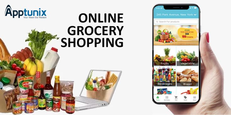 a person holding up a cell phone with grocery shopping on the screen and an image of groceries