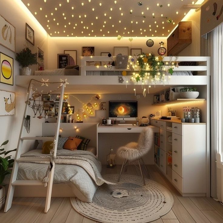 a bedroom with lights on the ceiling and a bed in the corner, next to a desk