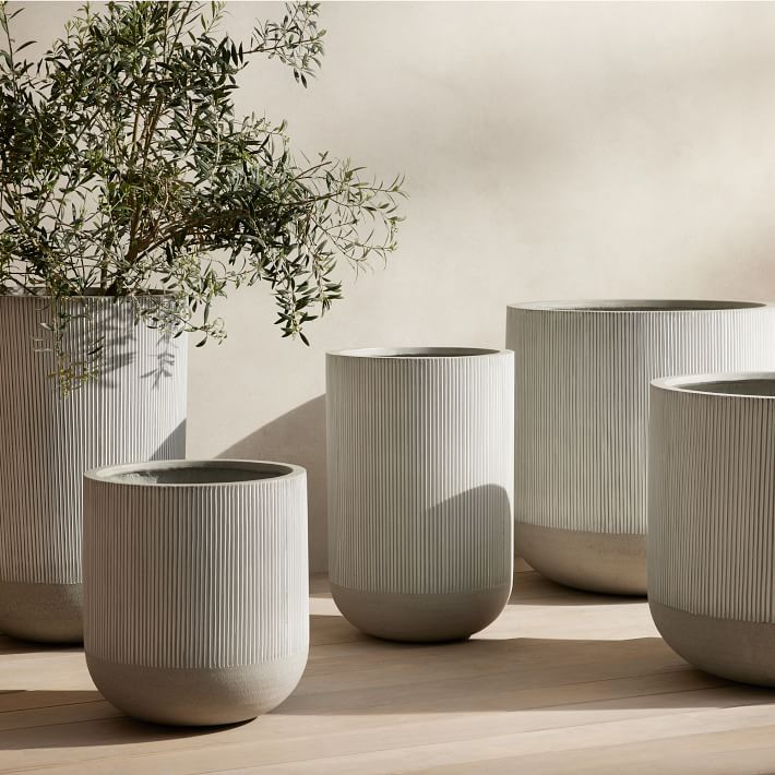 four white vases sitting on top of a wooden table next to a potted plant