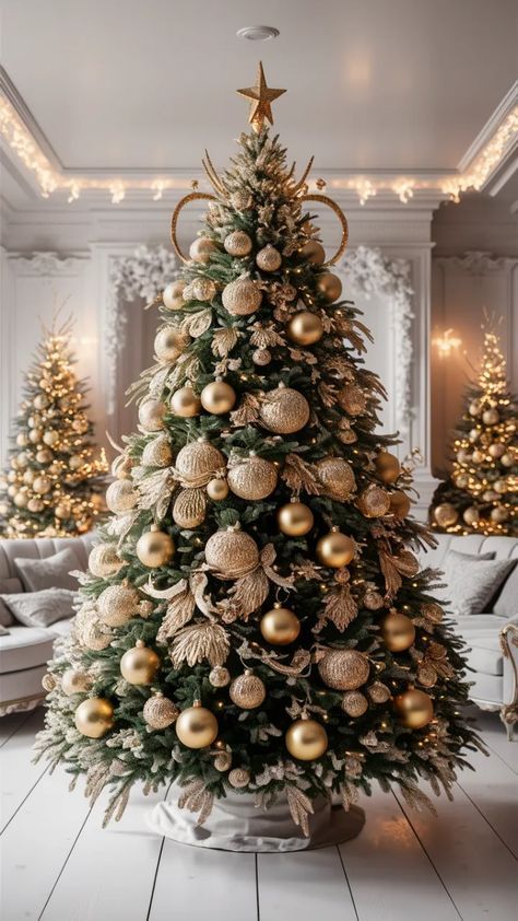 a decorated christmas tree with gold ornaments in a white living room, lit by lights