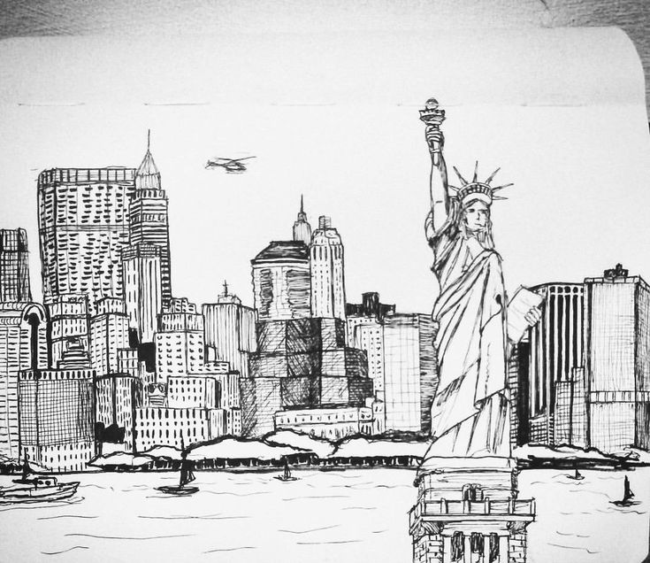 an ink drawing of the statue of liberty in new york city, with skyscrapers and boats