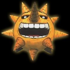 a yellow star with an angry face and horns