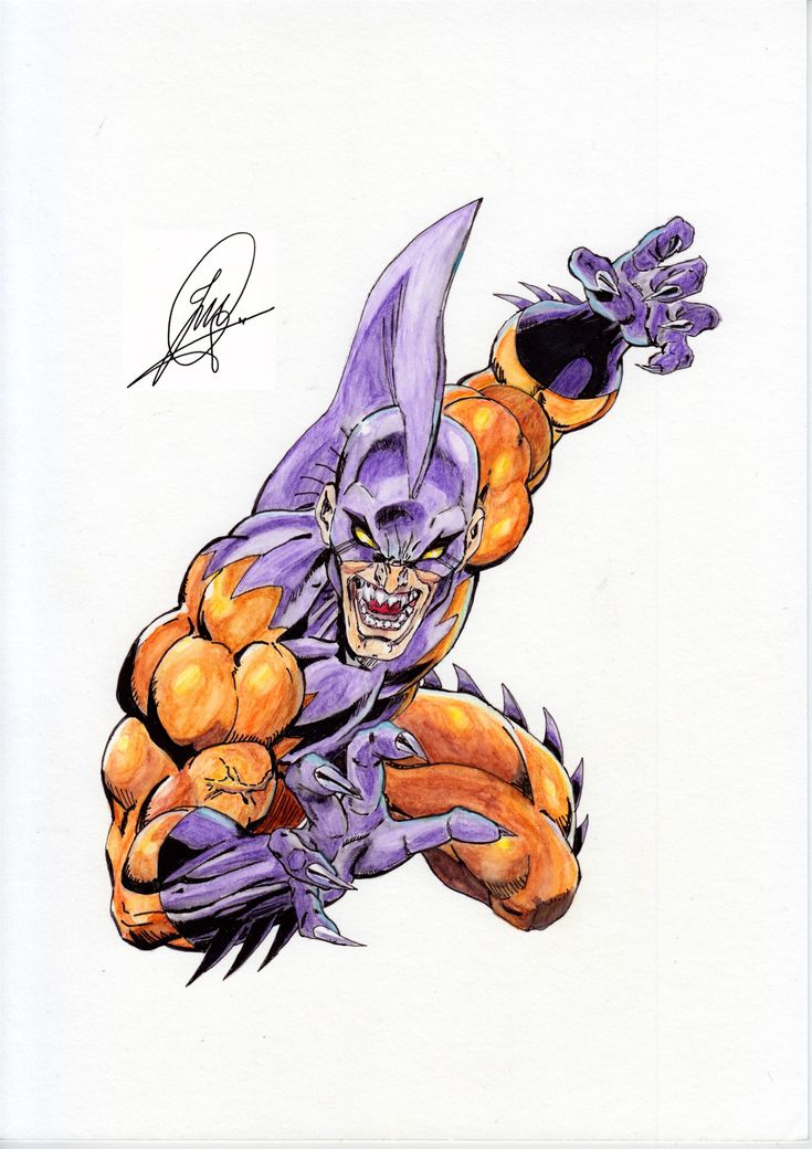 a drawing of an orange and purple creature with claws out, in mid air above the ground