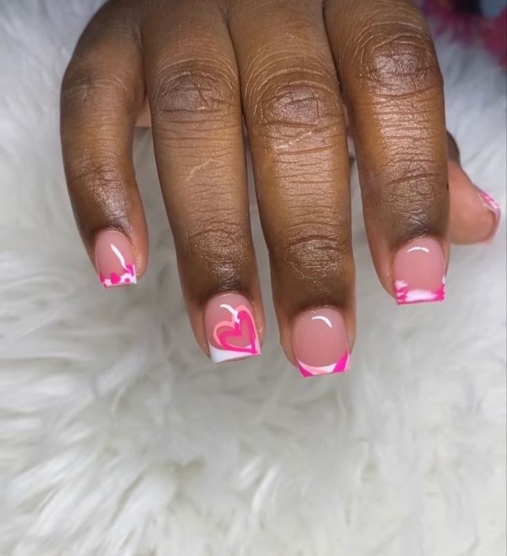 Baddie Dip Powder Nails, Nails Acrylic Kids Short, Short French Tip Acrylic Nails Valentines, Cute Short Acrylic Nails Square Pink With Design, Valentines Day Nails For Kids, Short Pink Set Nails, Valentines Day Nails Shorties, Birthday Nails Natural Nail, Short Nail Set Pink