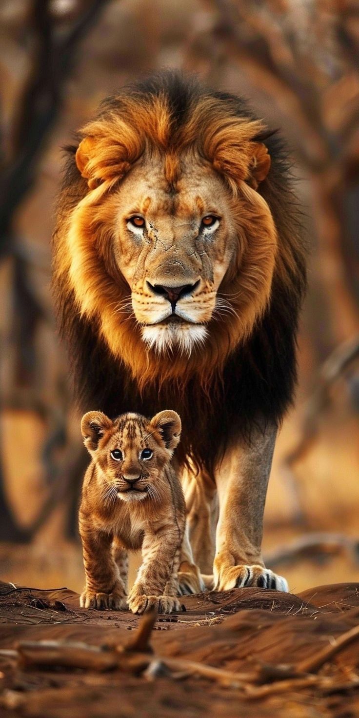 an adult lion walking next to a baby lion on top of a dirt ground with trees in the background