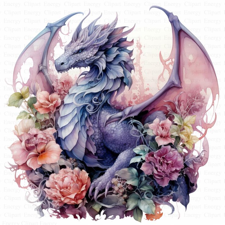 a blue dragon with pink flowers on it's back