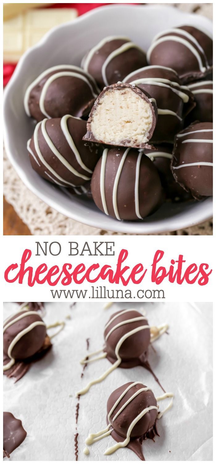 no bake cheesecake bites with chocolate in the middle and on the bottom, there is