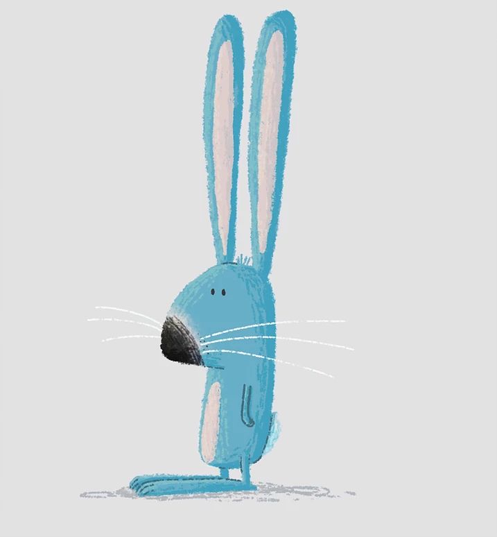 a drawing of a blue rabbit with its head in the middle of it's legs