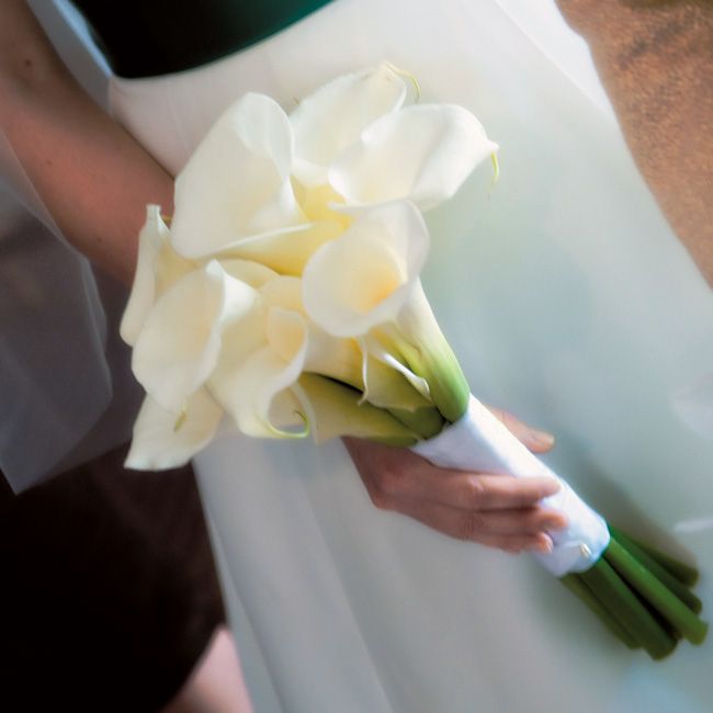 a bride holding a bouquet of white flowers