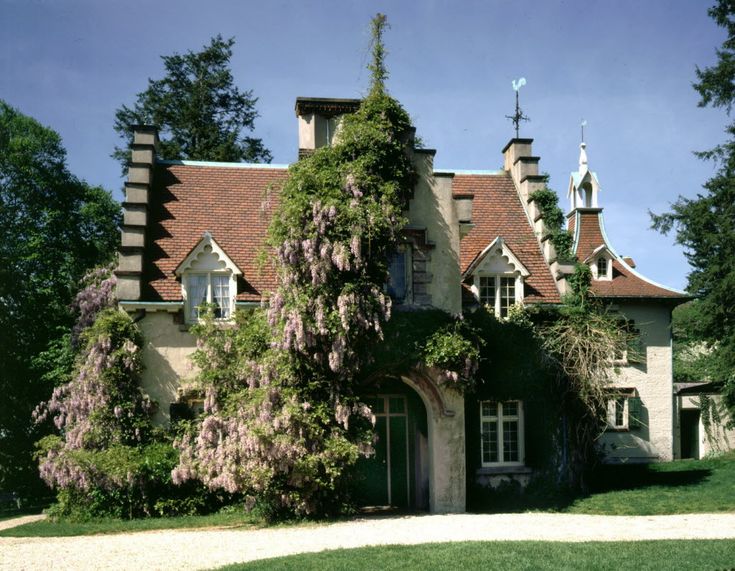 an old house with ivy growing on it's roof and windows in the front yard