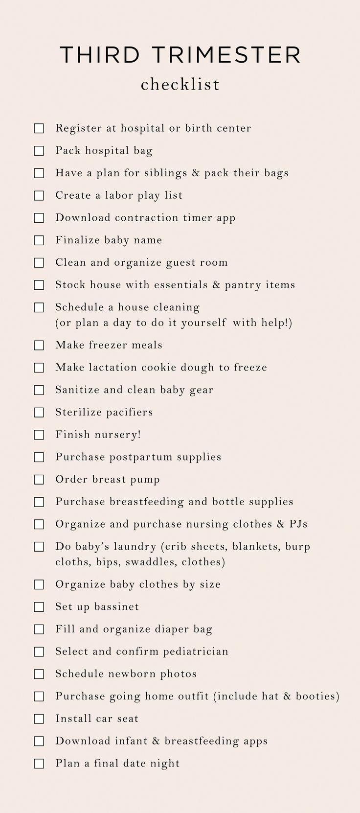 a checklist with the words third trimester written in black and white on it