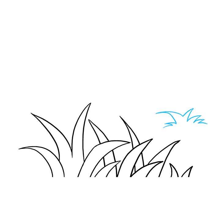 a drawing of grass and birds flying in the sky