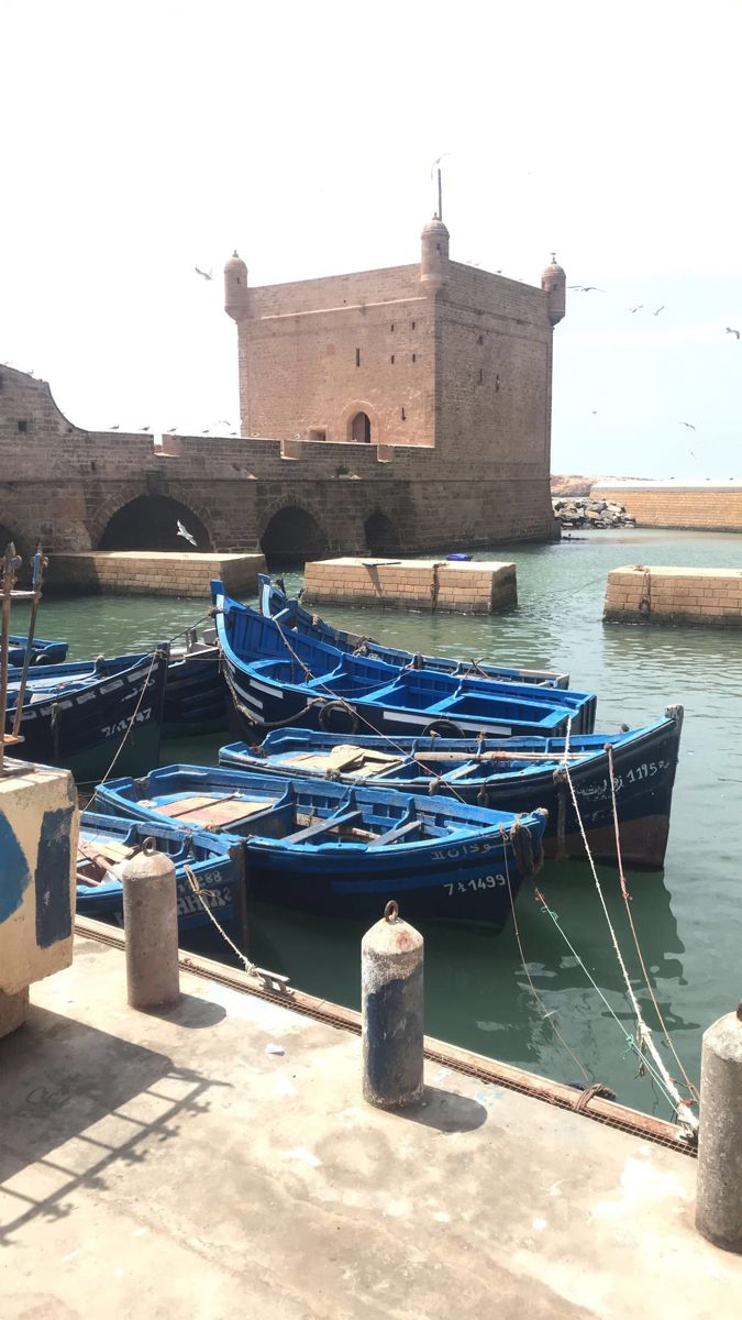 several small blue boats tied up to the dock in front of an old brick building