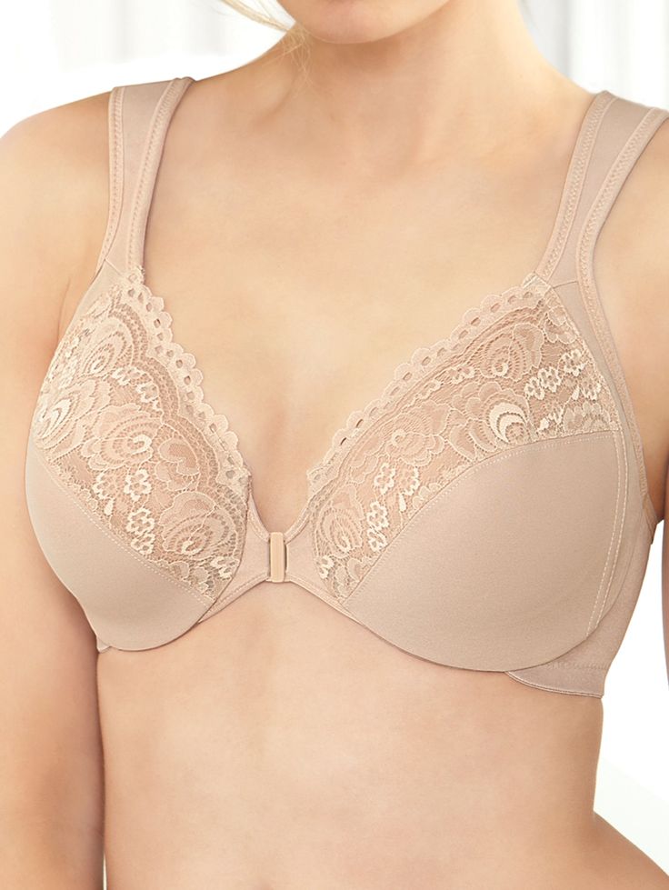 Looking beautiful and feeling confident come naturally when wearing this elegant front-closure bra. That's because the brassiere combines moisture-wicking cups with hidden bands to support the bust while preventing the underwire from touching your body. The result is all-day comfort (no poking underwires, here!) and shaping that makes you look your best. Front-close styleMoisture-wicking lace cupsHidden-comfort bandsSide-shaping panelsWide, adjustable strapsNylon/polyester/spandexHand wash, line Elegant Full Coverage Nursing Bra With Soft Touch, Beige Underwire Bra With Moderate Coverage, Elegant Full Coverage Beige Nursing Bra, Elegant Nursing Bra With Moderate Coverage, Elegant Underwire Nursing Bra With Soft Touch, Elegant Underwire Bra With Moderate Coverage, Elegant Full Cup Bra With Soft Touch, Elegant Full Cup Soft Touch Bra, Elegant Full Coverage Soft Touch Bra