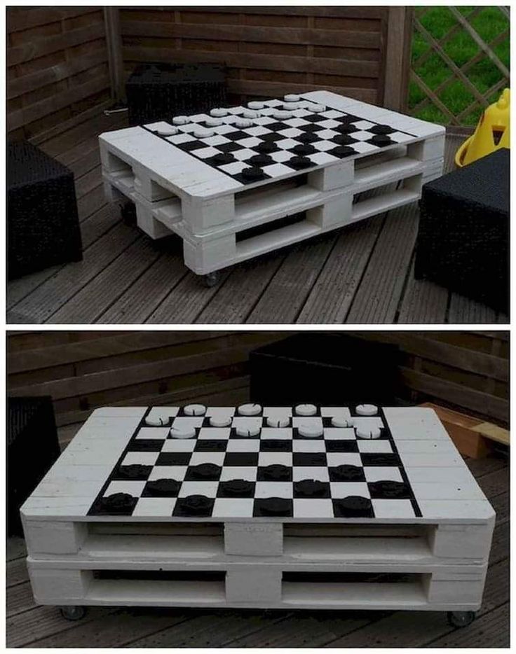 this is an image of a table made out of pallets and chess board pieces