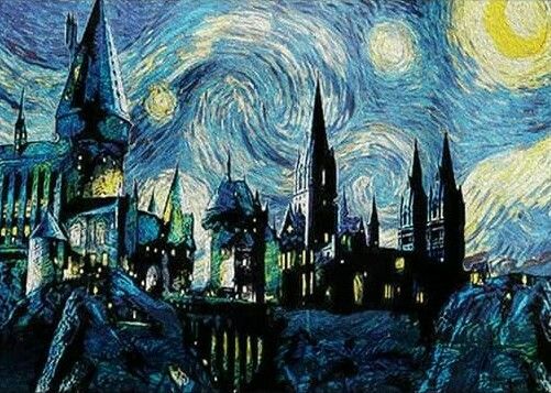 a painting of hogwart's castle with the starry night in the background