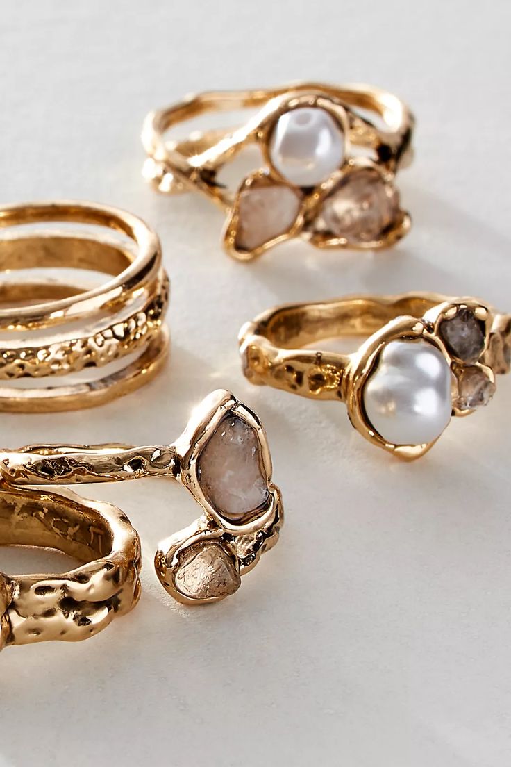 Bay Side Ring Set | Free People Pearl And Stone Ring, Cool Ring Stacks, Ring Inspo Jewelry Gold, Good Jewelry Brands, Boho Ring Stack, Boho Gold Rings, Rings On Hand Aesthetic, Gold Minimalist Rings, Women’s Jewelry