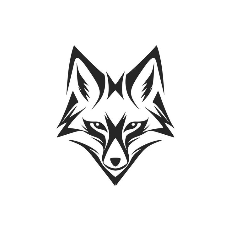 a black and white fox head on a white background