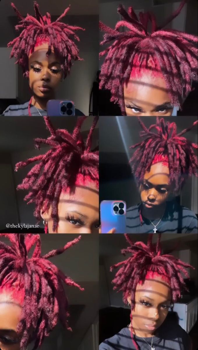 Dyed Dreadlocks Women, Two Color Hair Dye Ideas Locs, Dyed Locs Hairstyles, Dye Dreadlocks Black Women, Pink Dyed Locs, Medium Size Starter Locs, Loc Colors Black Women Dark Skin, Loc Hair Color Ideas Brown Skin, Dreadlock Dye Ideas