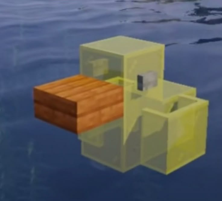 There are three yellow glass blocks in an L shape. On either side of the two base blocks, there are panes that are connected. On either side of the upper glass block there is a stone button. On the bottom half of the upper glass block, there is an acacia wood plank as a beak. Minecraft Decorative Ideas, Minecraft Rubber Duck Build, Things For Your Minecraft World, Cute Things To Build In Your Minecraft World, Minecraft Swan Boat, Mincraft Idea House Decor, Cool Minecraft Worlds, Cute Things For Minecraft World, Cute Minecraft Decorations Inside