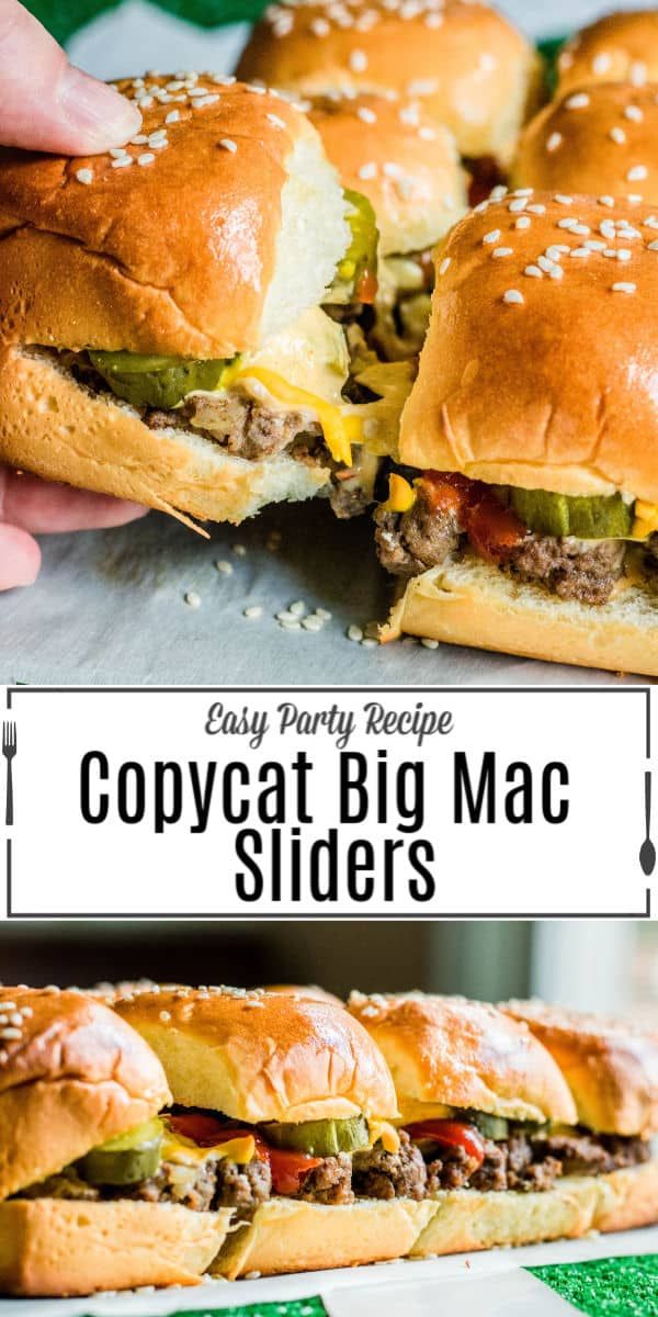 two large hamburgers cut in half and stacked on top of each other with the words easy party recipe copycat big mac sliders