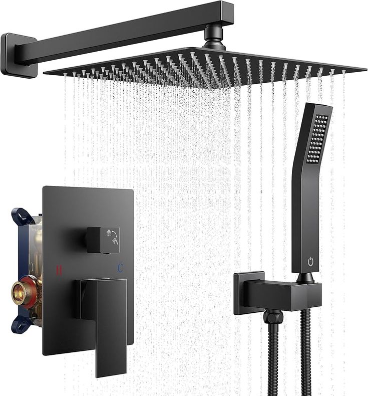 an overhead shower head with thermostaer and hand held showerhead in front of it