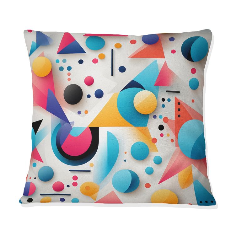 an abstract pillow with colorful shapes and dots on the front, along with a white background