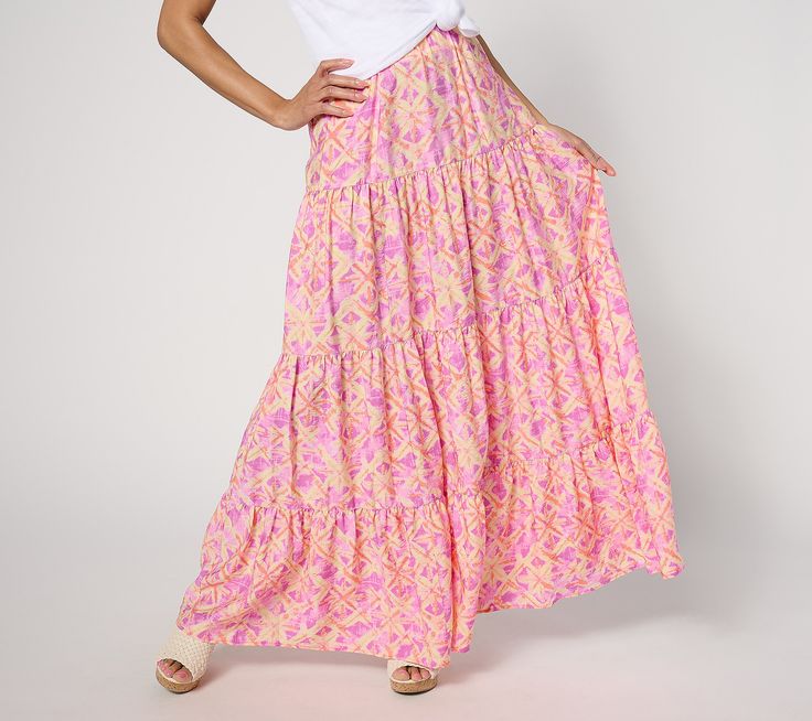 Is it a skirt kind of day? This free-spired tiered design says Y-E-S! Lovely for warm-weather coffee dates, evening theatre, and family photo ops. From Peace Love World. Colorful Maxi Skirt, Long Cute Skirts, Cute Long Skirts, Closet Revamp, Granola Aesthetic, Rush Week, Week Outfits, Teaching Outfits, Coffee Dates