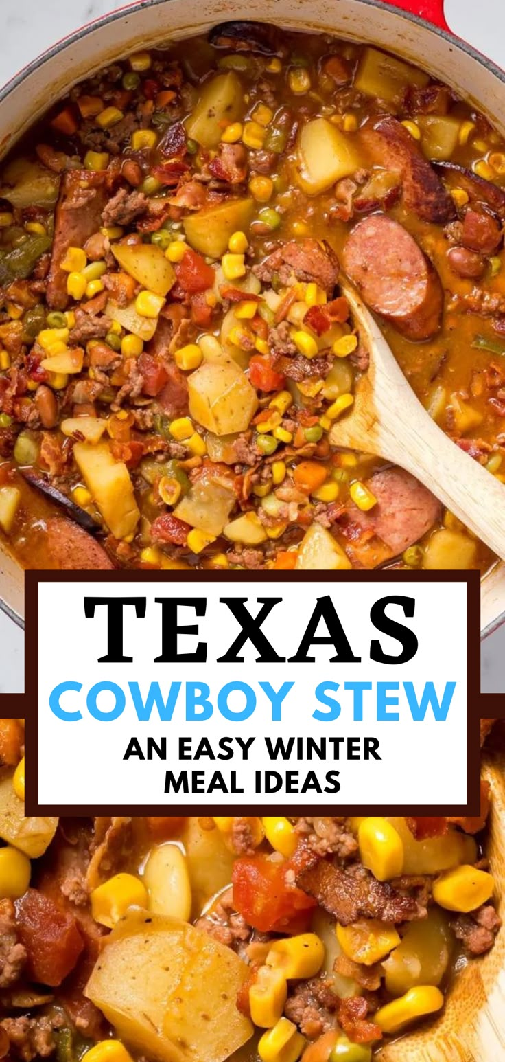 a large pot filled with stew and corn next to a wooden spoon on top of it