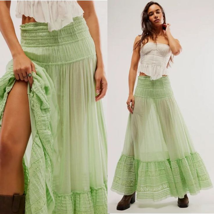 Billowy And Ethereal, This Timeless Skirt From Our Fp One Collection Will Turn Heads With Every Wear. A True Staple In Any Wardrobe, Pair This With A Sleek Seamless Top Or Embellished Crop For Endless Ways To Style. Size: S (25" Up To 34" Waist; Approx. 40.5" Length) Color: Seafoam Green Fit: High-Rise, Billowy A-Line Silhouette Tiered Ruched Smocking At The Waist Pull-On Design Tiered Trimming At The Hem Semi-Sheer Fabrication. Built-In Micro Shorts Lining 100% Cotton Lining: 95% Viscose, 5% Sp Green Fitted Tiered Skirt, Flowy Hip-length Summer Skirt, Spring Cotton Skirt, Hip-length, Breezy Long Flowy Skirt, Hip-length Lined Skirt For Spring, Spring Green Skirted Bottoms, Green Skirted Bottoms For Spring, Non-stretch Hip-length Skirt For Spring, Bohemian Skirted Bottoms For Spring