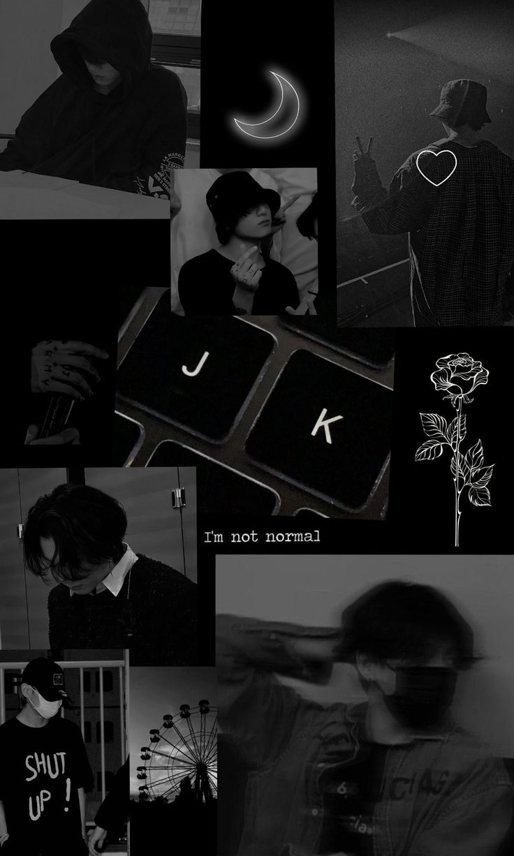 black and white collage with various images including the letter k, rose, man in hoodie