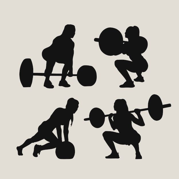 the silhouettes of people doing different exercises with barbells and squats on a white background