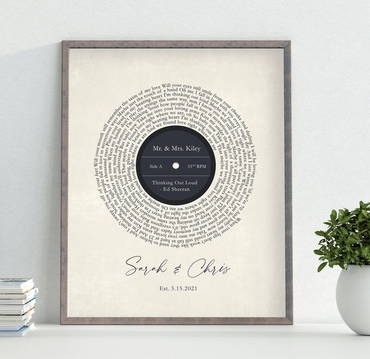 a framed personalized record art print on a shelf