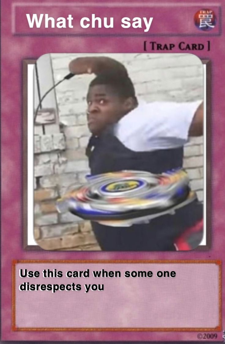 a man holding a frisbee on top of a purple and red card with the caption what chu say i trap card