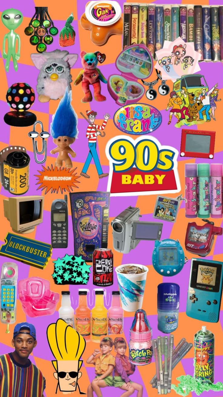 an image of a poster with toys and other items on the back ground that says 90's baby