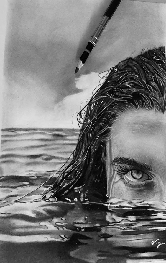 a pencil drawing of a man in the water