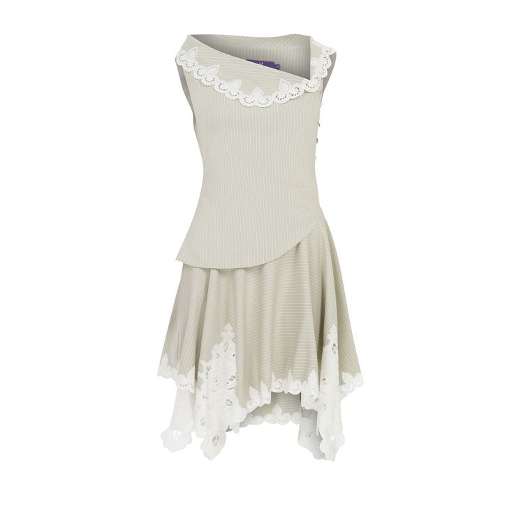 Freya dress features a soft pastel green hue with delicate white pinstripes, creating a refined and timeless look. The bodice is adorned with a charming scalloped lace trim around the neckline, adding a touch of femininity. The dress has an asymmetrical hemline, embellished with intricate white lace cutouts that offer a playful yet elegant flair.  74% polyester; 23% viscose; 3% elastane  30°C Machine Wash Dry Clean Do not Tumble Dry Green Knee Length Dress, Portfolio Project, Lace Trim Dress, Lace Cutout, Scalloped Lace, Pastel Green, Dress C, Independent Designers Fashion, Knee Length Dress