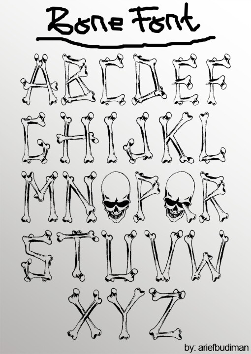 the alphabet with skulls and bones on it is drawn in black ink, which reads bone fish