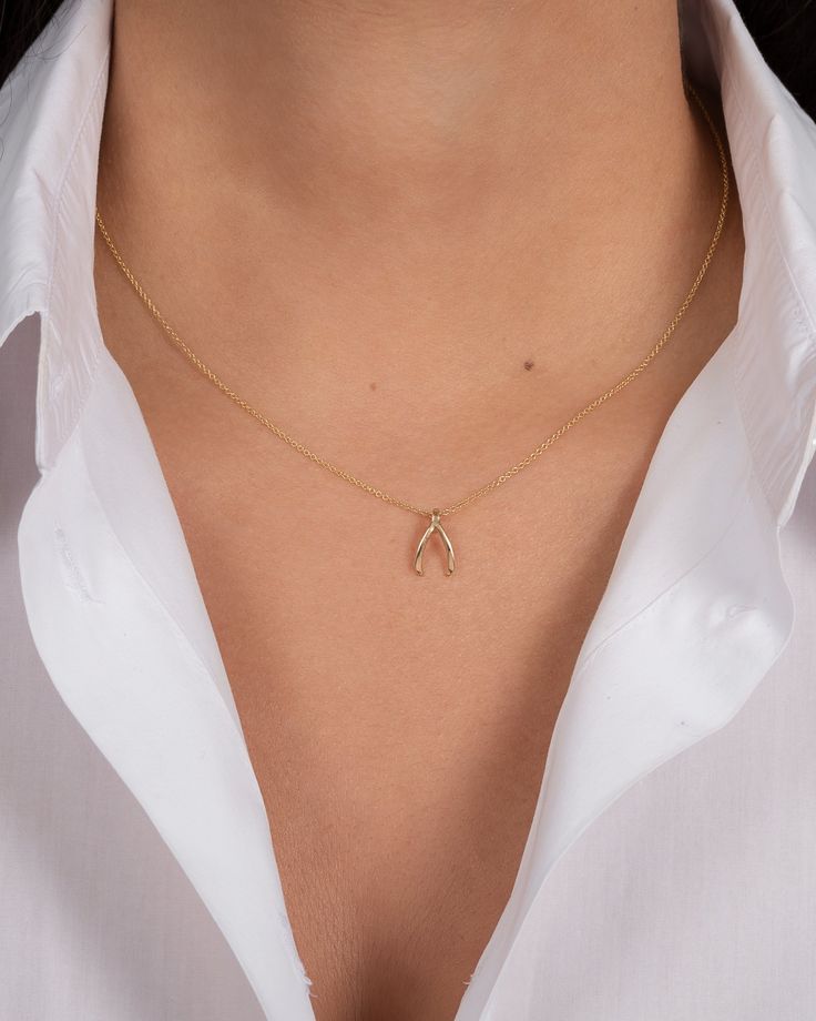 14K gold mini wishbone necklace laying on a cable link chain length of your choice. Fun and a perfect everyday necklace worn by itself or layered. Made in LA Size: Approx. 9mm(W) by 13mm(H) Weight: Approx. 0.5 grams Ships in 5-6 business days Rush orders ship in 2-4 business days Comes gift ready in a custom Zoe Lev jewelry box Wishbone Necklace, Gold Letter Necklace, Small Gold Hoops, Pendant Bails, Mini Hoop Earrings, Everyday Necklace, Pretty Rings, Necklace Sizes, Initial Necklace