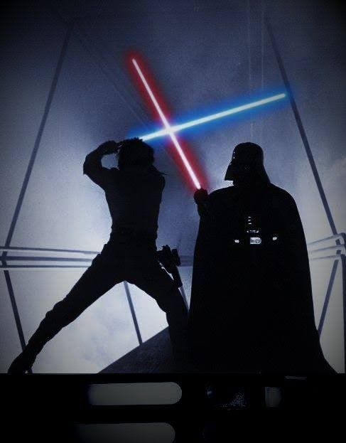 two people dressed as darth vader and princess leida in silhouette with lightsabens