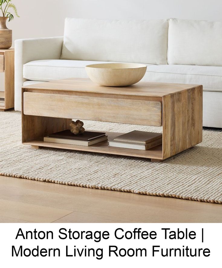 the coffee table is made out of wood and has a bowl on top of it