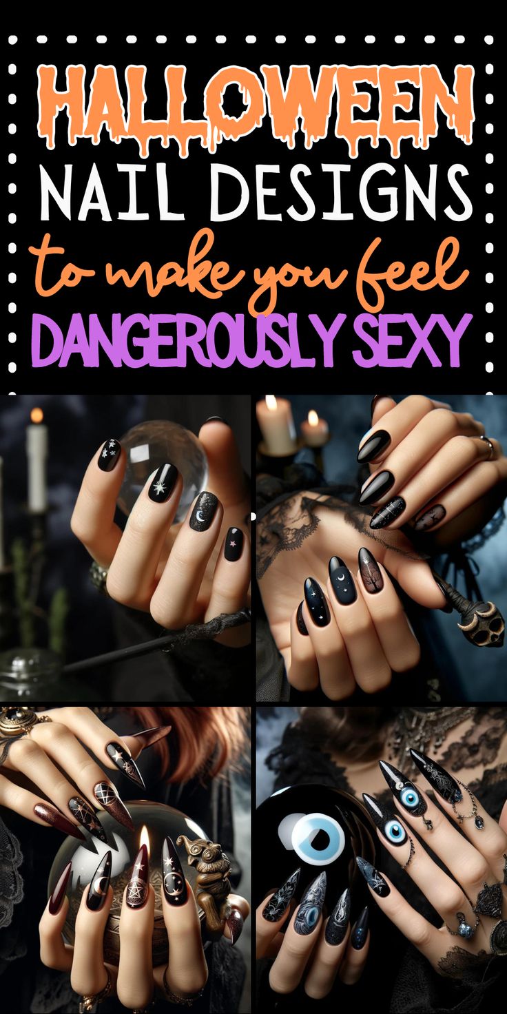 17+ Halloween Nail Designs That'll Make You Feel Dangerously Sexy- Looking to spice up your Halloween costume this year? Look no further than these dangerously sexy nail designs. Whether you're dressing up as a sultry witch or a seductive vampire, these nail designs will take your look to the next level.

1. Black Widow Nails- Channel your inner femme fatale with these sleek black nails. Add some silver spider web details for an extra spooky touch. Halloween Nails With Spider Webs, Halloween Nails Trend 2024, Celestial Halloween Nails, Elegant Spooky Nails, Black Chrome Nails Halloween, Vampire Gel Nails, Spooky Nails 2024, Sophisticated Halloween Nails, Hot Halloween Nails