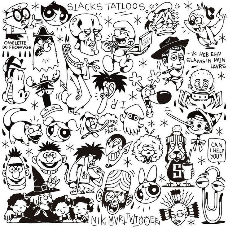 a bunch of cartoon characters drawn in black and white