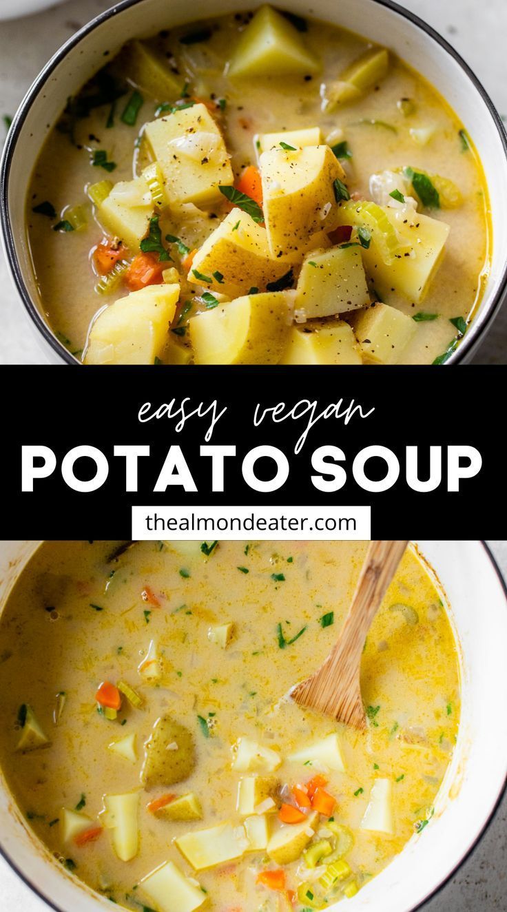 two bowls filled with potato soup on top of a white table and the title says easy vegan potato soup