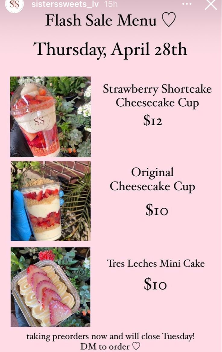 a menu for a strawberry shortcake and cheesecake cup with prices $ 10 00