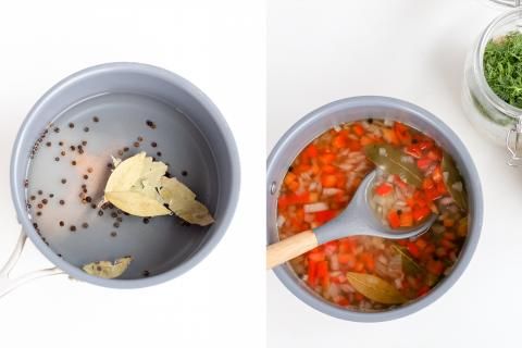 two pictures side by side one has vegetables and the other has spices in it with spoons