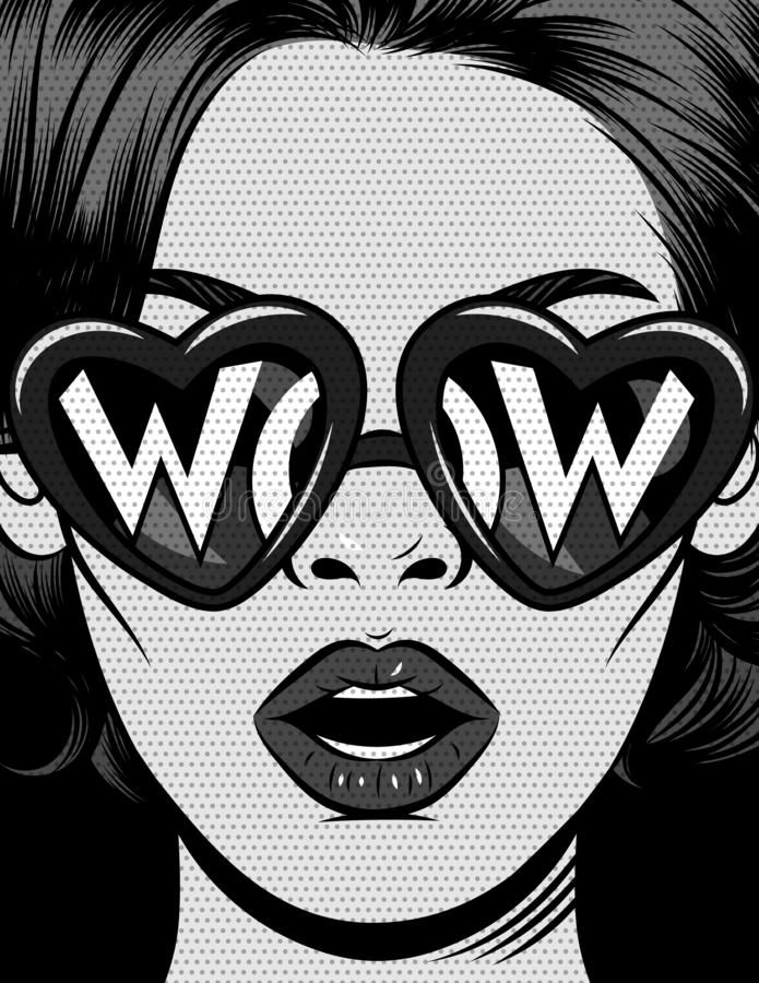 a woman wearing heart shaped sunglasses with the word w on it's face in black and white