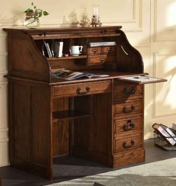 a wooden desk with drawers and a book shelf